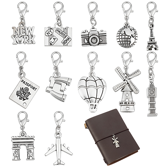 12pcs 12 styles décorations pendentif en alliage de voyage, avec fermoir pince de homard, formes mixtes