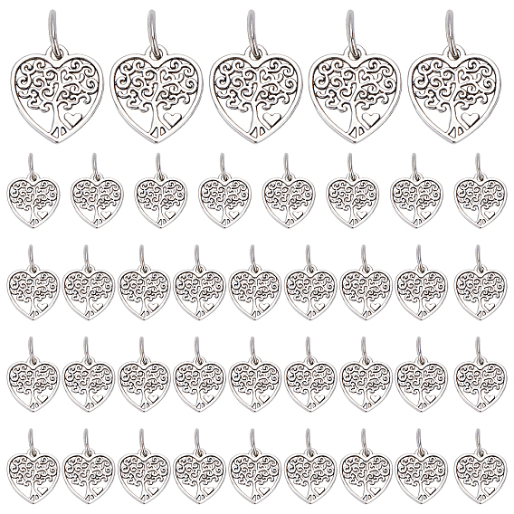 40Pcs Tibetan Style Alloy Pendants, Hollow Heart Charms with Tree