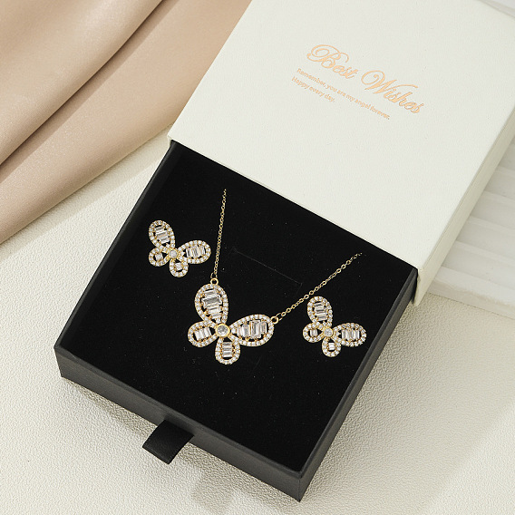 Наборы подвесок и сережек-гвоздиков из латуни с микропаве из прозрачных кубических цирконий., золотые, бабочка