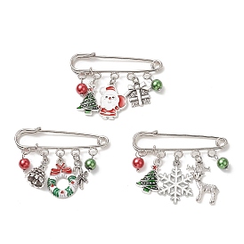 3Pcs 3 Style Christmas Tree & Wreath & Santa Claus & Alloy Enamel Charms Safety Pin Brooch, Shell Pearl Beaded Lapel Pin for Women