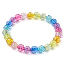 7.5mm Faceted Round Transparent Acrylic Beaded Stretch Bracelets, Rainbow Color Bracelets