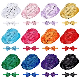 24Pcs Adjustable Polyester Bow Ties & Cotton Sequin Hat Sets, with Paillette, Bowknot Necktie