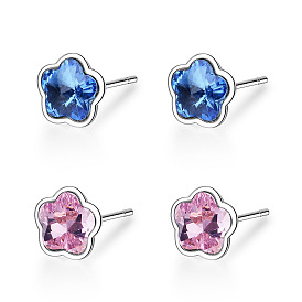 Pink Crystal Five-petal Flower Earrings - Sweet and Charming Floral Ear Studs for Girls.
