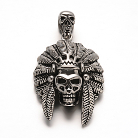 304 Stainless Steel Big Pendants, Indian Skull, 53x35x14mm, Hole: 12x5mm