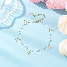 Женские браслеты на ногу с круглыми бусинами из искусственного жемчуга и цепочкой из нержавеющей стали в форме луны, звезды и креста с кисточками, белые, золотые