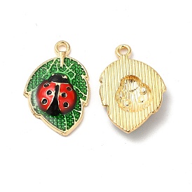 Alloy Enamel Pendants, Cadmium Free & Nickel Free & Lead Free, Golden, Leaf with Ladybug Charm