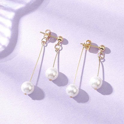 304 серьги-гвоздики с круглыми бусинами-кисточками из нержавеющей стали с жемчугом-ракушкой, с фурнитурой латунной для серег