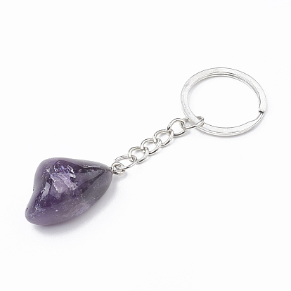 Natural Gemstone Keychain, with Iron Findings, Nugget, Platinum