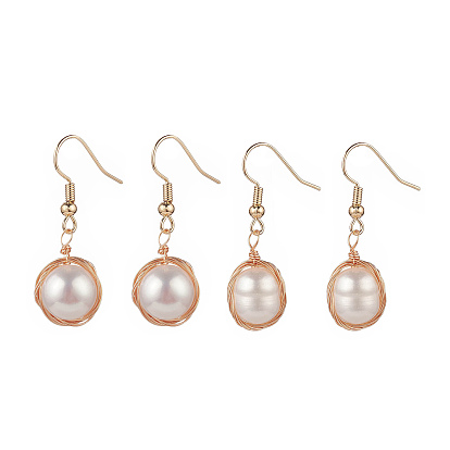 Natural Pearl Dangle Earrings, Golden Tone Brass Wire Wrap Jewelry for Women