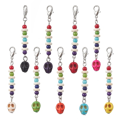 Colgantes de calavera de Halloween con turquesa sintética teñida, con broches de langosta de la aleación de la garra, Platino