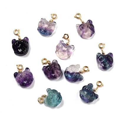 Natural Fluorite Carved Pendants, with Golden Plated Brass Findings, Doll