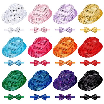 24Pcs Adjustable Polyester Bow Ties & Cotton Sequin Hat Sets, with Paillette, Bowknot Necktie