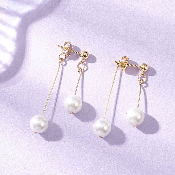 304 серьги-гвоздики с круглыми бусинами-кисточками из нержавеющей стали с жемчугом-ракушкой, с фурнитурой латунной для серег