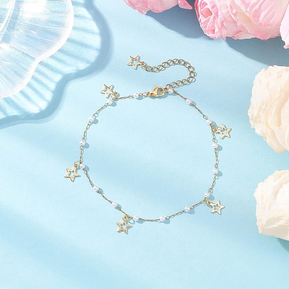 Женские браслеты на ногу с круглыми бусинами из искусственного жемчуга и цепочкой из нержавеющей стали в форме луны, звезды и креста с кисточками, белые, золотые