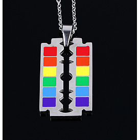 Rainbow Color Pride Flag Enamel Razor Blade Pendant Necklace, Titanium Steel Jewelry for Women