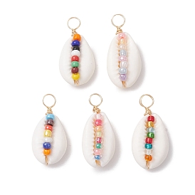 Natural Shell Pendants, Rainbow Color Glass Seed Bead Copper Wire Wrapped Charms, Golden