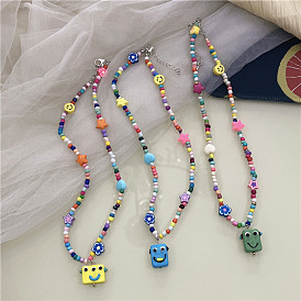 Colorful Ceramic Necklace for Women, Cute Monster Smile Pendant with Flower and Heart Beads