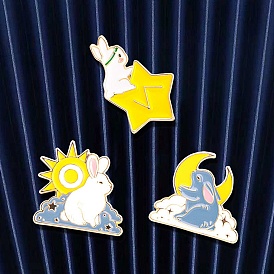Lovely Rabbit with Sun/Star/Moon Brooch, Cute Bunny Golden Alloy Enamel Pins, Cartoon Animal Badge for Women's Clothes Backpack