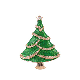 Christmas Tree Alloy Enamel Brooches, with Rhinestone, Enamel Pins, Light Gold