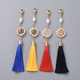 Decoraciones de colgante de borla de poliéster grandes, con perla natural, cabujones de piedras preciosas y cierres de garra de langosta de acero inoxidable chapados en oro 304