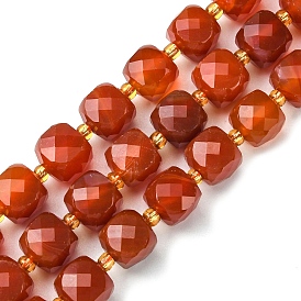 Natural Carnelian/
Green Onyx Agate Beads Strands, with Seed Beads, Faceted Cube