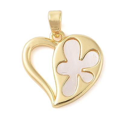 Brass Pave Shell Pendants, Heart with Flower Charms with Snap on Bails