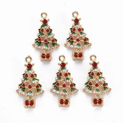 Alloy Enamel Pendants, Cadmium Free & Nickel Free & Lead Free, Christmas Trees, Light Gold