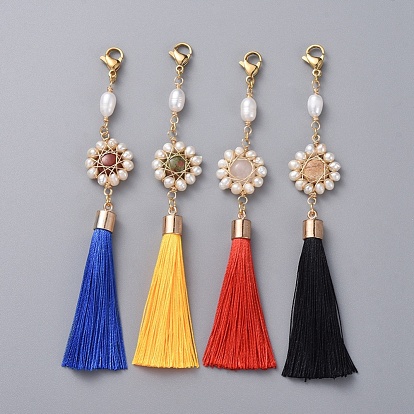 Decoraciones de colgante de borla de poliéster grandes, con perla natural, cabujones de piedras preciosas y cierres de garra de langosta de acero inoxidable chapados en oro 304