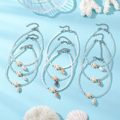9шт. 9 стили летние пляжные браслеты на лодыжку с подвесками из натуральных ракушек и стеклянными бусинами, платины и нержавеющая сталь цвет