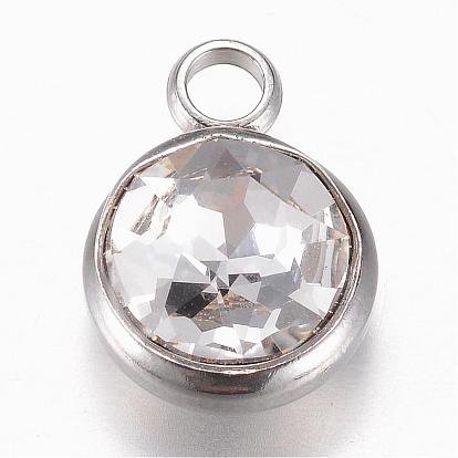 Glass Charms, Faceted, with 304 Stainless Steel Findings, Flat Round