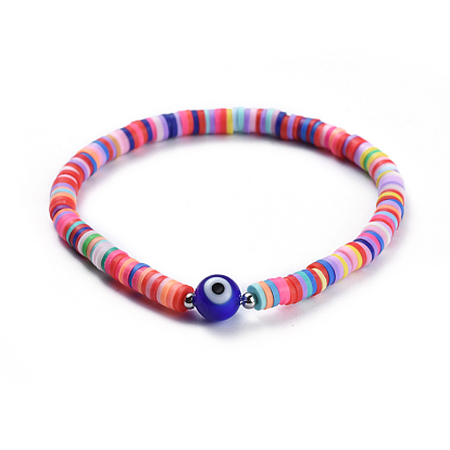 Handmade Polymer Clay Braided Bead Bracelets, with Handmade Evil Eye Lampwork Beads, Brass Bead Spacers and Nylon Thread
