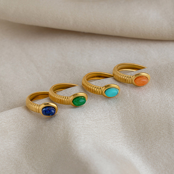304 Stainless Steel Gemstone Cuff Open Rings for Women, Oval, Real 18K Gold Plated