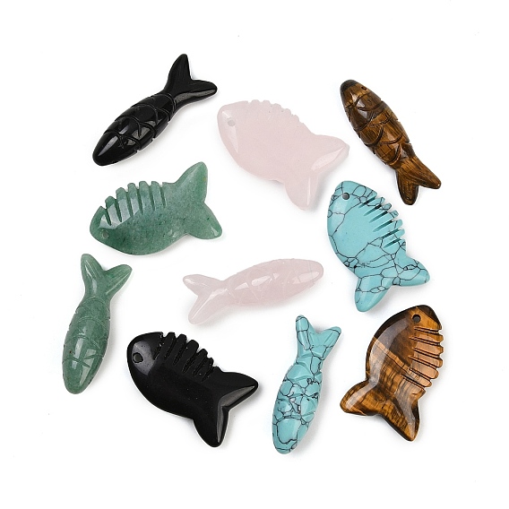 Резные подвески из синтетической бирюзы, натурального розового кварца, тигрового глаза, обсидиана и зеленого авантюрина, рыбы прелести, смешанные окрашенные и неокрашенные