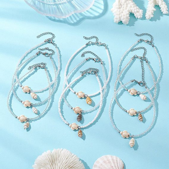 9шт. 9 стили летние пляжные браслеты на лодыжку с подвесками из натуральных ракушек и стеклянными бусинами, платины и нержавеющая сталь цвет