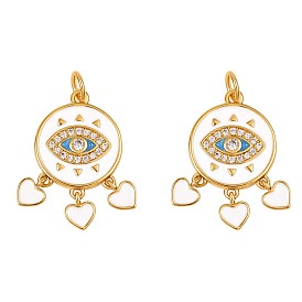 2Pcs Flat Round with Eye & Heart Brass Enamel Pendants, with Rhinestone, for Jewelry Necklace Bracelet Earring Making Craft