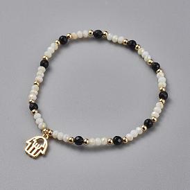 Electroplate Glass Beads Stretch Bracelets, with Natural Black Agate and Brass Finding, Cardboard Box, Hamsa Hand/Hand of Fatima/Hand of Miriam