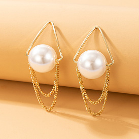 Geometric Pearl Triangle Earrings with Tassel Chain Drop