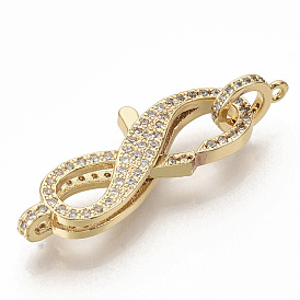 Brass Micro Pave Clear Cubic Zirconia Lobster Claw Clasps, with Tube Bails, Number 8, Real 16K Gold Plated