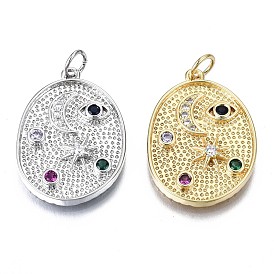 Brass Micro Pave Colorful Cubic Zirconia Pendants, with Jump Ring, Cadmium Free & Nickel Free & Lead Free, Oval with Star & Eye & Moon
