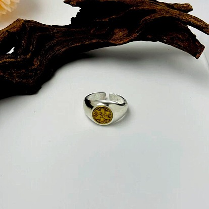 Alloy Cuff Open Rings, Flat Round with Three Crane Totem Pattern, Signet Rings