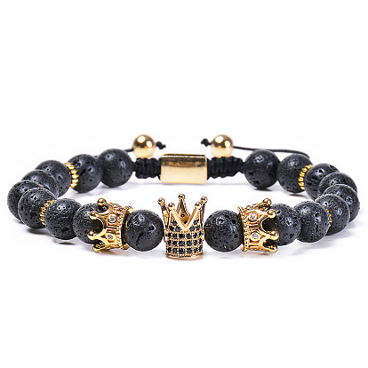 Premium Lava Stone Crown Bracelet with Natural Stones and Copper Micro Inlaid Cubic Zirconia - Unisex Fashion Accessory