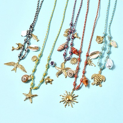 Летний пляж 304 Женские подвески из нержавеющей стали и натуральных ракушек с гальваническим покрытием, регулируемые шнуры из полиэстера, с керамикой, искусственным жемчугом и стеклом, реальный 18 k позолоченный