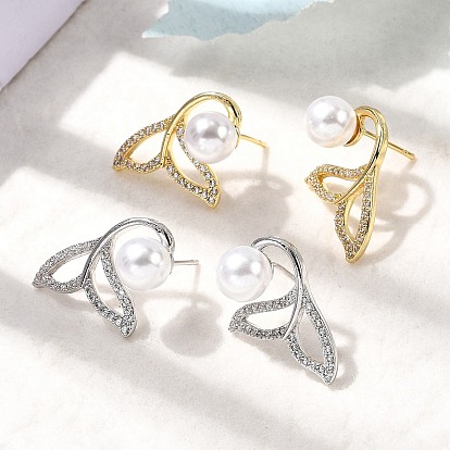 Серьги-гвоздики «рыбий хвост» с микропаве из прозрачных кубических цирконий из латуни, с абс пластмассовыми жемчужными бисером, стойки покрытие, долговечный, без кадмия и без свинца