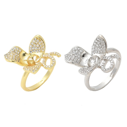 Оправы для колец-манжет из цветочной латуни с микропаве из кубического циркония, за половину пробурено бисера, стойки покрытие, долговечный, без свинца и без кадмия