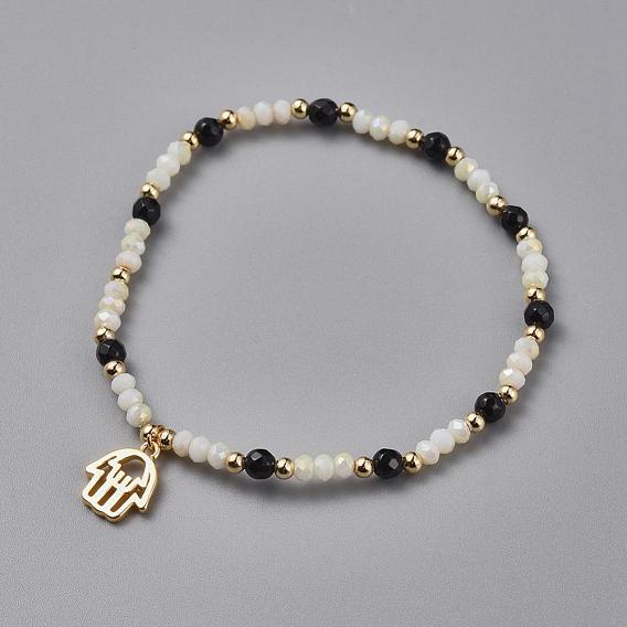 Electroplate Glass Beads Stretch Bracelets, with Natural Black Agate and Brass Finding, Cardboard Box, Hamsa Hand/Hand of Fatima/Hand of Miriam