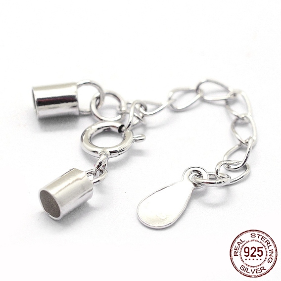 925 Sterling Silver Cord Ends, with Extender Chains, Teardrop Charms and Spring Ring Clasps