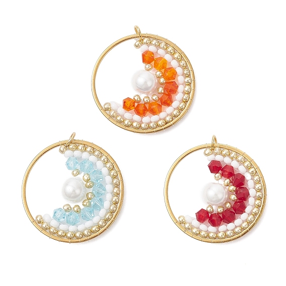 3Pcs Seed Glass Beaded Pendants, with 304 Stainless Steel Finding, Glass Pearl Bead, Round