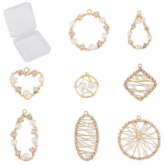 Brass Wire Wrapped Pendants, with Crystal Rhinestone and ABS Plastic Imitation Pearl, Mixed Shapes
