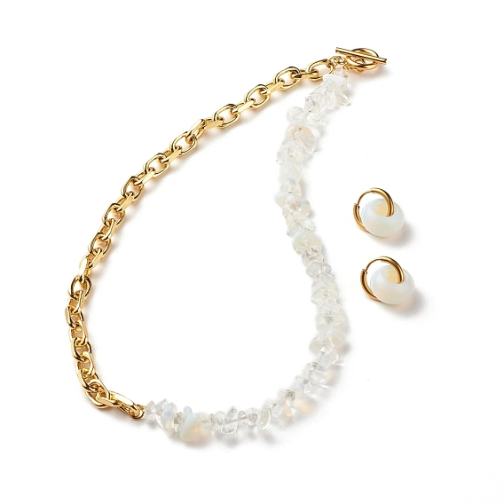 Gemstone Chip Beads Jewelry Set, Gemstone Beaded Necklace and Drop Huggie Hoop Earrings for Women, Light Gold