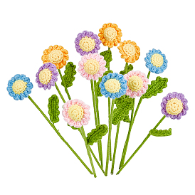 12Pcs 4 Colors Crochet Cotton Flower Ornaments with Iron Wire, Artificial Flower, for Wedding Home Decorations
